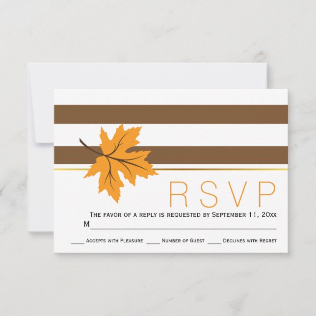 Maple leaves and brown stripes fall wedding RSVP Card (Front)