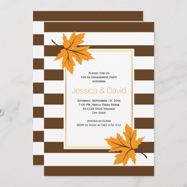 Maple leaves and stripes wedding engagement party invitation (Front/Back)