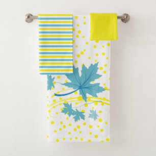 Maple leaves aqua, yellow bathroom towel set