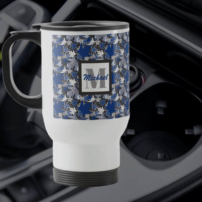Maple Leaves Blue on a Charcoal Background  Travel Mug (Creator Uploaded)