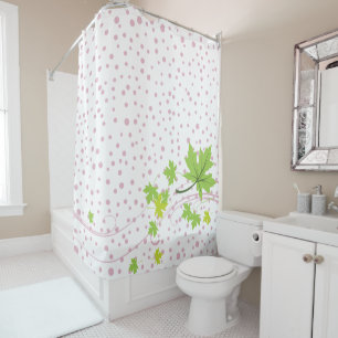 Maple leaves green and pink polka dots shower curtain
