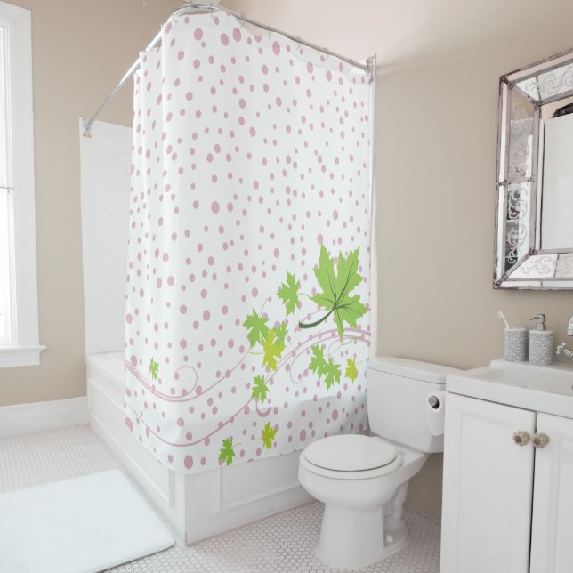 Maple leaves green and pink polka dots shower curtain (In Situ)