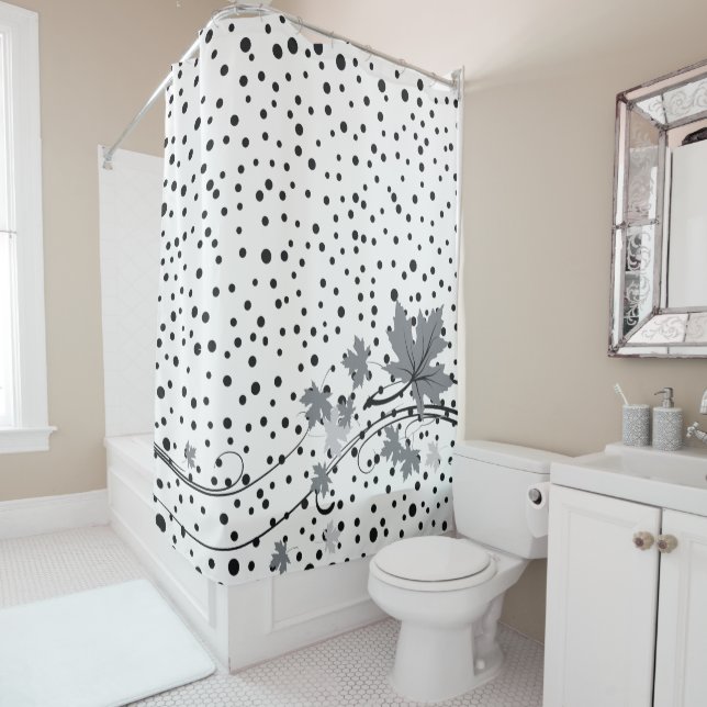 Maple leaves grey and black polka dots shower curtain (In Situ)