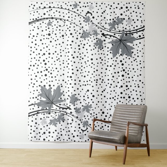 Maple leaves grey and black polka dots tapestry (In Situ)