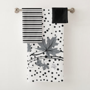 Maple leaves grey, black bathroom towel set