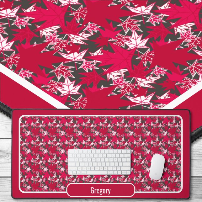 Maple Leaves on a Charcoal Background Desk Mat (Maple Leaves - Red and White on Charcoal)