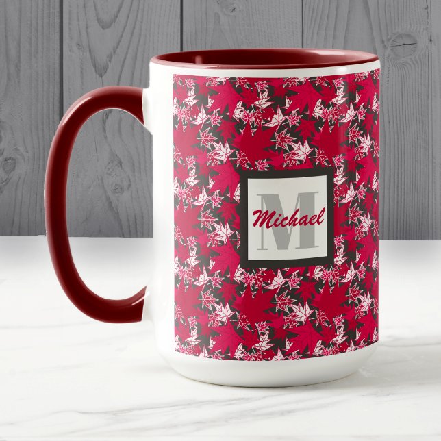 Maple Leaves on a Charcoal Background Mug (Red and White Maple Leaves on Charcoal - Mug - By The Canadian Outpost Shop)
