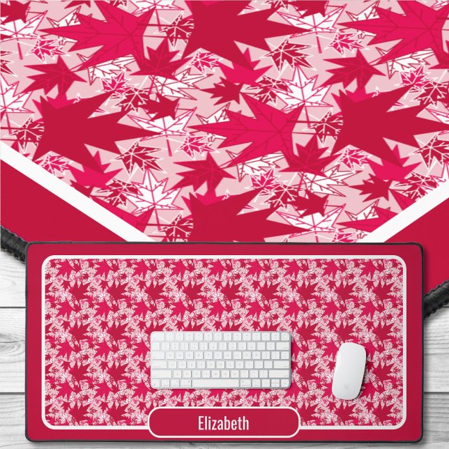 Maple Leaves on a Pink Background Desk Mat (Maple Leaves - Red and White on Pink-Desk Mat)