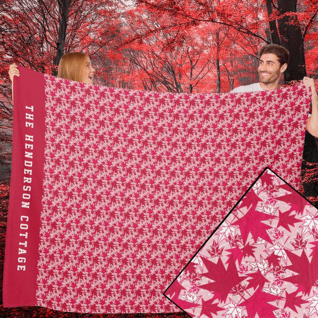 Maple Leaves on a Pink Background Fleece Blanket (Red and White Maple Leaves on a Pink Background Fleece Blanket)
