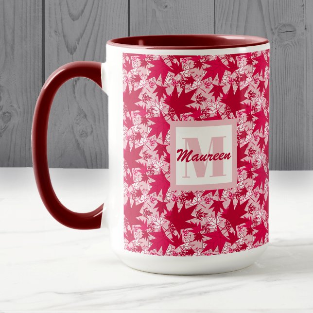 Maple Leaves on a Pink Background Mug (Red and White Maple Leaves on a pink background - Mug - by The Canadian Outpost)
