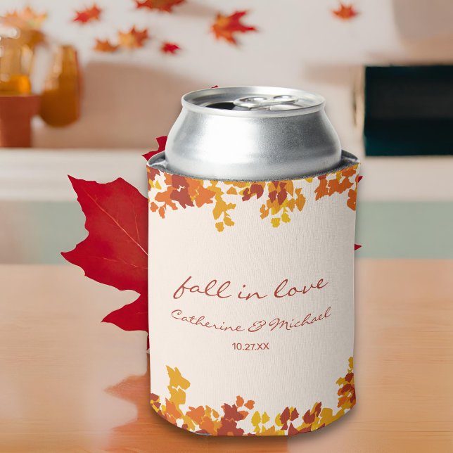 Maple Leaves Orange & Terracotta Autumn Wedding Can Cooler (Creator Uploaded)