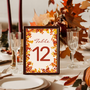 Maple Leaves Orange & Terracotta Autumn Wedding Table Number
