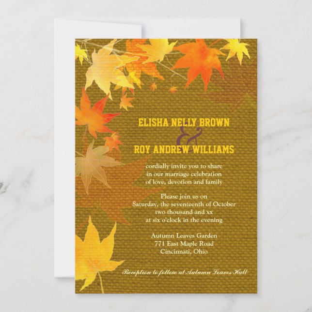 Maple Leaves Rustic Burlap Fall Wedding Invitation (Front)