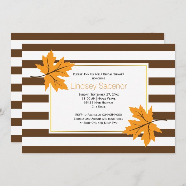 Maple leaves & stripes fall wedding bridal shower invitation (Front/Back)