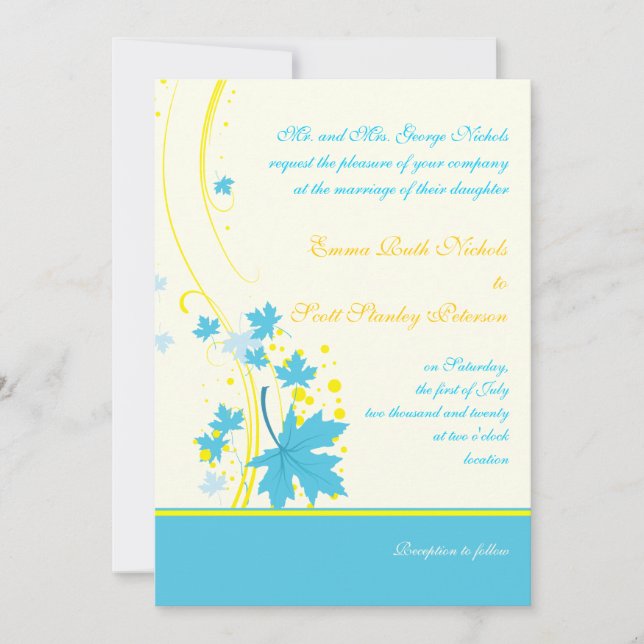 Maple leaves turquoise yellow wedding invitation (Front)