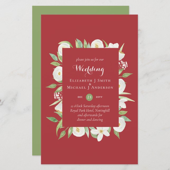 Maple Red Green Magnolia Budget Wedding Invite A9 (Front/Back)