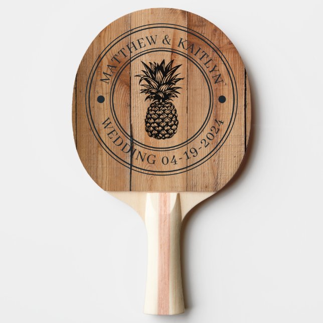 Maple Rough Cut Pineapple Wedding Crest & Names Ping Pong Paddle (Back)