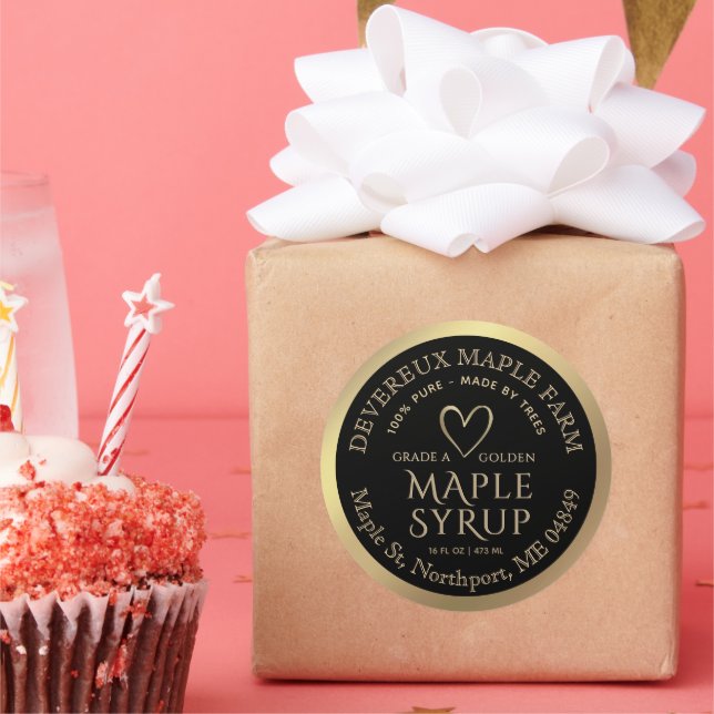 Maple Syrup 100% Pure Made by Trees Gold Heart     Classic Round Sticker (Party)