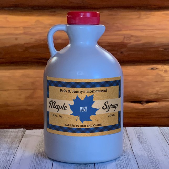 Maple Syrup Blue Buffalo Check Leaf Kraft Paper Rectangular Sticker (Creator Uploaded)