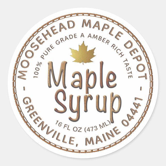 Maple Syrup in Poured Amber Font w Gold Leaf Classic Round Sticker (Front)