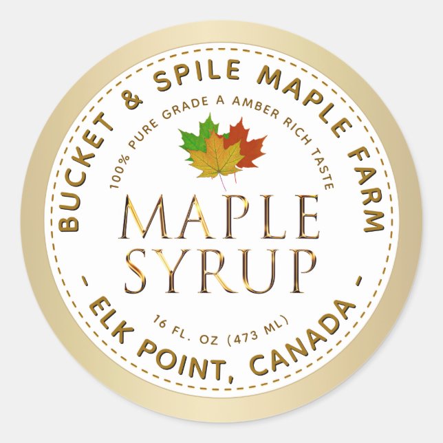Maple Syrup Label Colourful Maple Leaves Gold Text (Front)