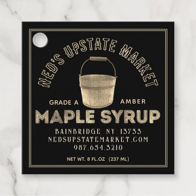 Maple Syrup Nutrition Tag Gold Bucket on Black (Front)