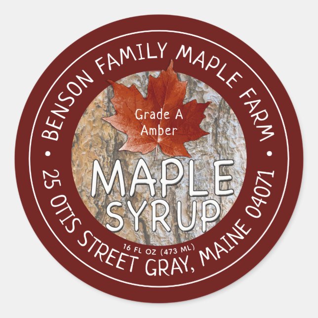 Maple Syrup Red Leaf Tree Bark Editable Label (Front)