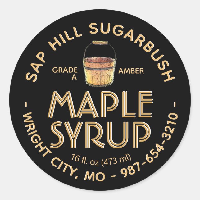 Maple Syrup Sap Bucket Amber Text on Black Label  (Front)