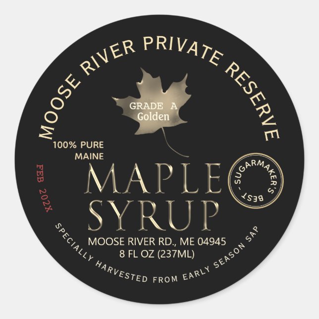 Maple Syrup Sugarmaker's Best Date Gold Black Classic Round Sticker (Front)