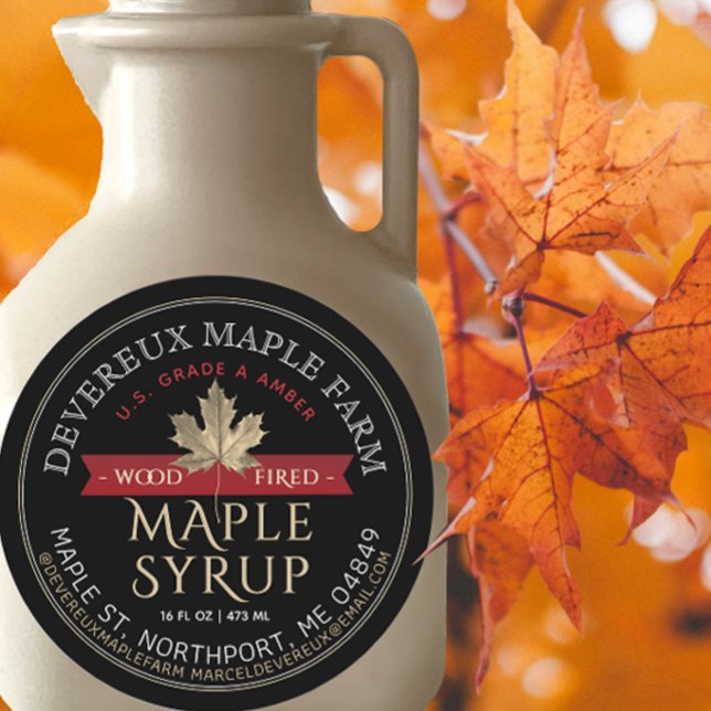 Maple Syrup Wood Fired Red Banner Gold Leaf   Classic Round Sticker (Creator Uploaded)