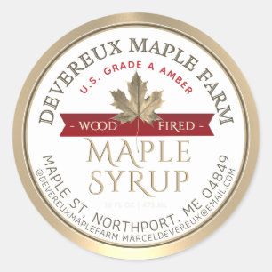 Maple Syrup Wood Fired Red Banner Gold Leaf Classic Round Sticker
