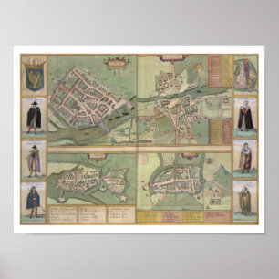 Maps of Galway, Dublin, Limerick, and Cork, from ' Poster