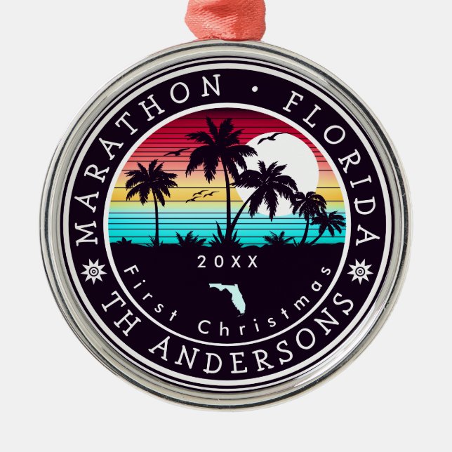 Marathon Florida Retro Sunset Palm Tree 80s Metal Ornament (Front)