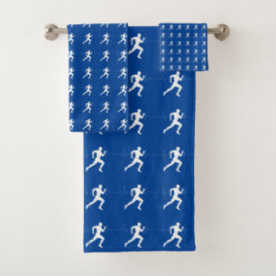 Marathon Runners & Heartbeat Line on Blue Bath Towel Set
