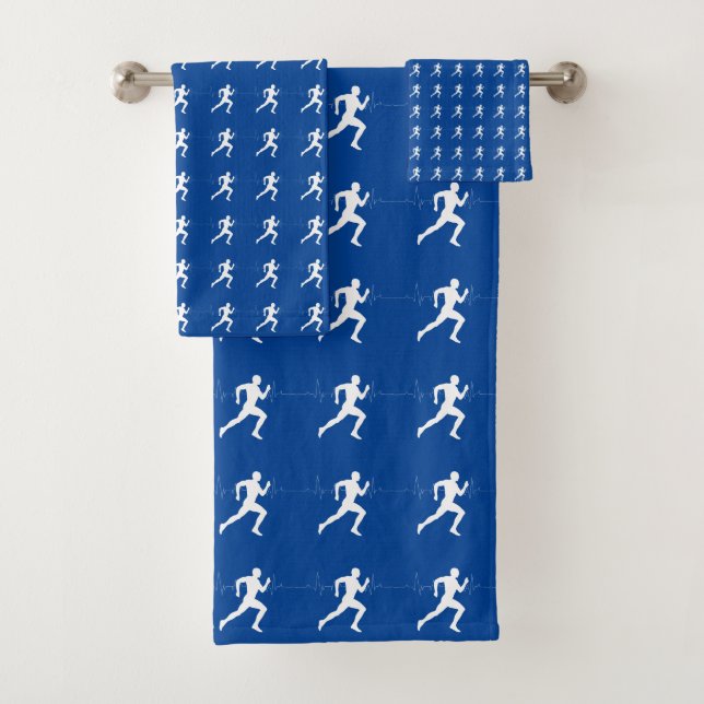 Marathon Runners & Heartbeat Line on Blue  Bath Towel Set (Insitu)