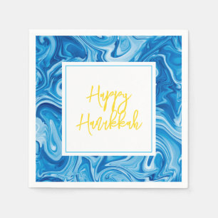 Marbelized Paint Art Blue Happy Hanukkah Yellow Napkin