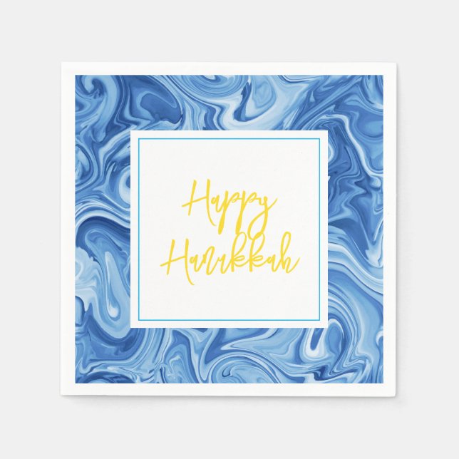 Marbelized Paint Art Blue Happy Hanukkah Yellow Napkin (Front)