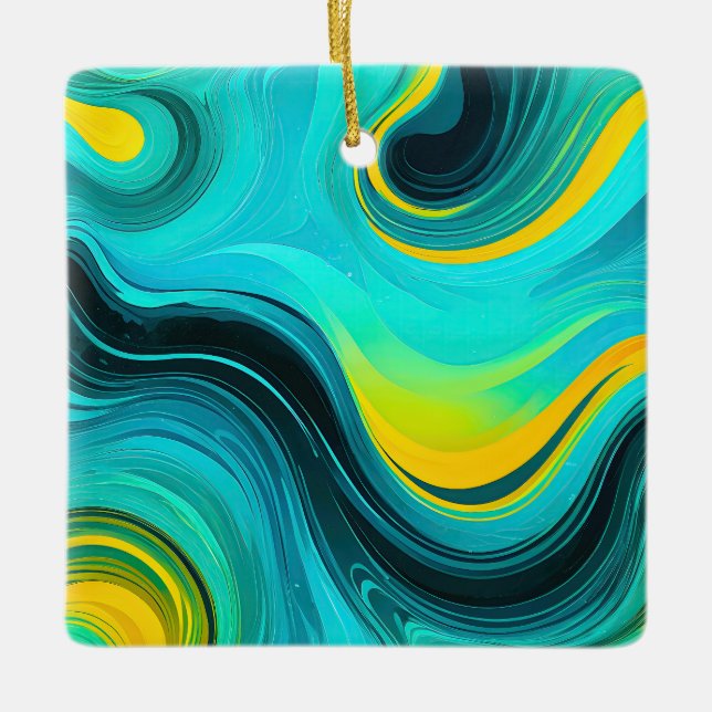 “Marbella” Blue Yellow Swirls Waves Ceramic Ornament (Front)