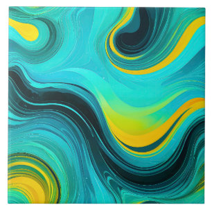 “Marbella” Blue Yellow Swirls Waves Ceramic Tile