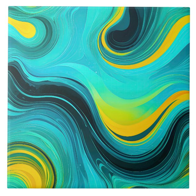 “Marbella” Blue Yellow Swirls Waves Ceramic Tile (Front)