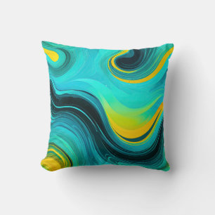 “Marbella” Blue Yellow Swirls Waves Cushion