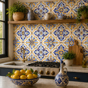 Marbella Mosaic  Coastal Blue and Gold Medallion Ceramic Tile