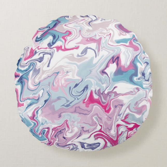 Marble Abstract Pink and blue Modern Liquid  Round Cushion (Front)