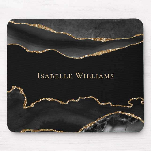 Marble Agate Black Gold Elegant Chic Personalised  Mouse Pad (Front)
