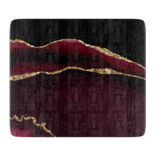 Marble Agate Chic Black Purple Gold Glitter Cutting Board