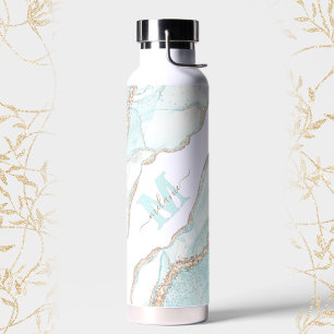 Marble Agate Geode Light Blue Gold Monogram Name Water Bottle