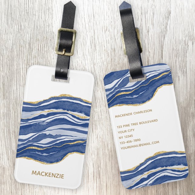 Marble Agate Gold Glitter Luggage Tag (Agate marble blue and white watercolor with gold glitter effect personalized luggage tag)