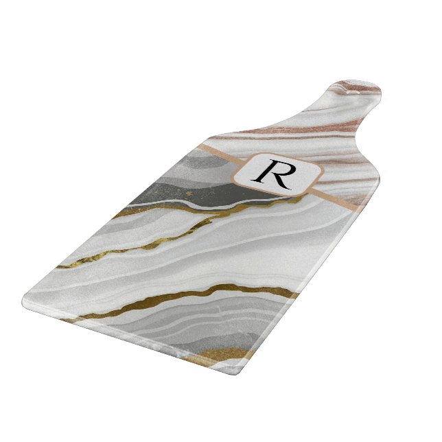 Marble Agate Gold Glitter Monogram Initial Name Cutting Board (Corner)