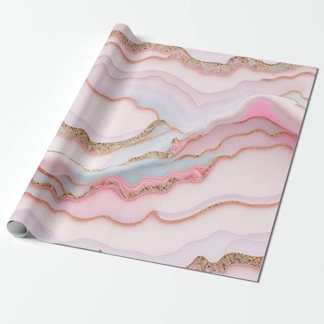 Marble Agate Modern Blue Pink Gold Collection Wrapping Paper (Unrolled)