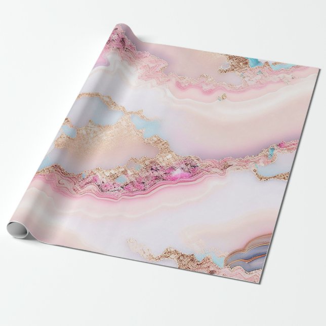 Marble Agate Popular Blue Pink Gold Collection Wrapping Paper (Unrolled)